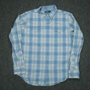 Polo Ralph Lauren Shirt Mens Large Blue Plaid Pearl Snap Western Cowboy